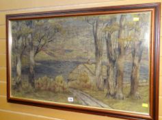 FRAMED WOOLWORK PICTURE of a farmhouse, lake and trees