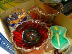 ASSORTED COLOURED STUDIO GLASS including bowls, bells ETC