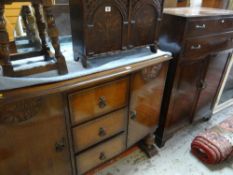 VINTAGE MIRROR BACKED SIDEBOARD ON RAISED LEGS, together with a vintage oak tallboy