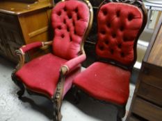 ANTIQUE WALNUT SPOON & BUTTON-BACK ARM CHAIR, together with a similar high-back bedroom chair