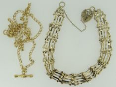 9CT GOLD FIVE-BAR BRACELET WITH HEART SHAPED PADLOCK together with 9ct gold fine link chain with T-