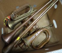 THREE COPPER HUNTING HORNS together with three copper and brass decorated military bugles