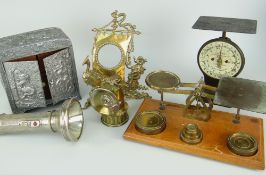 VINTAGE POSTAL SCALES / BRASS BIKE LAMP / CHROME TORCH / SMALL WHITE METAL CABINET ETC