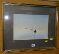 EDWARD MORRIS watercolour - river boating scene, 23.5 x 33cms