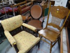 TWO EARLY 20TH CENTURY ARMCHAIRS together with a later carved high-back kitchen chair