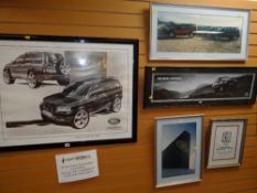 FIVE FRAMED LAND ROVER, FREELANDER & RANGE ROVER CAR MODELS (formally on display at a car