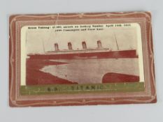 EARLY TWENTIETH CENTURY POSTCARD FOR SS TITANIC in sepia with title in gold foil, specifications and