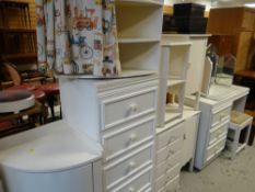 ASSORTED WHITE BEDROOM FURNITURE & WHITE WOODEN SHELVING