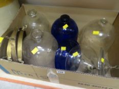 FOUR VINTAGE ETCHED GLASS BELL SHAPED CEILING LIGHTS, one blue glass with fittings