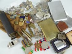 ASSORTED COLLECTABLES in three tubs, to include World War II medals, Military badges and buttons,