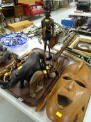 ASSORTED CARVED TRIBAL FIGURES & ANIMALS and large wooden face mask
