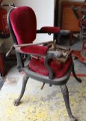 LATE-VICTORIAN CAST IRON & PADDED DENTAL / BARBER'S CHAIR ornamental floral back, claw feet,