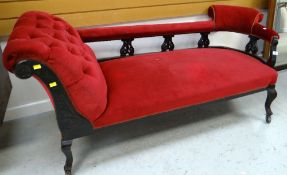 EARLY 20TH CENTURY DARK WOOD CHAISE LONGUE upholstered in red velvet