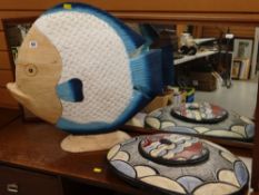MODERN WOODEN CARVED DECORATIVE FISH, together with a wooden carved wall shield