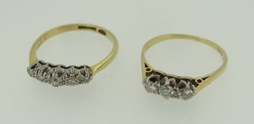 18CT YELLOW GOLD FIVE-STONE DIAMOND ILLUSION SET RING together with 18ct and platinum three-stone