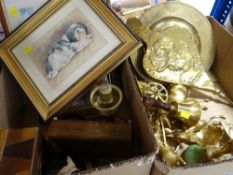 ASSORTED BRASSWARE, prints, wooden boxes ETC