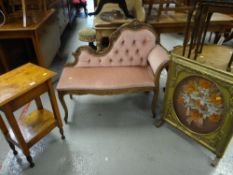 SMALL REPRODUCTION CHAISE-LONGUE, oak side table, ornate gilt and decoupage fire screen