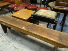 RUSTIC PINE MORTISE LEG BENCH, together with a pine commode and vintage piano stool