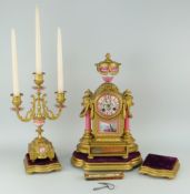 FRENCH PINK PORCELAIN & GILT METAL MANTEL CLOCK late nineteenth century of typical rococo form