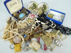 ASSORTED JEWELLERY mainly costume, to include beads, pearls, bar brooches, commemorative crown,