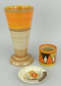 SHELLEY PORCELAIN FLARED VASE / CLARICE CLIFF BIZARRE ASHTRAY (A/F) / CLARICE CLIFF BIZARRE PRESERVE