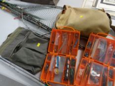 ASSORTED FISHING RODS & TACKLE including a Viking 6 foot one-piece rod, heavy duty canvas fishing