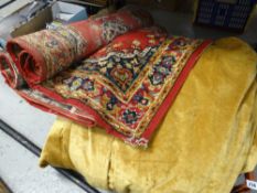 THREE GOLD VELVET LINED CURTAINS WITH CONTRASTING RED TASSEL PELMET each curtain is 260cms wide x