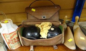 LARGE TWO HANDLED EPNS & WOODEN BASED GALLERY TRAY, two vintage cased sets of bowls, shoe stretchers