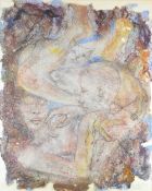 ANNIE GILES HOBBS mixed media on hand cast paper - figures with birds and animals, signed, 88 x