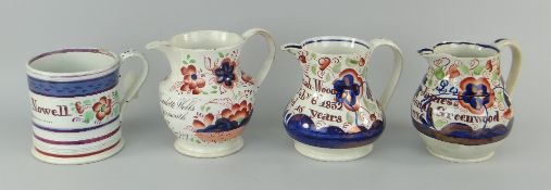 FOUR ITEMS OF 19TH CENTURY WELSH POTTERY WITH INSCRIPTIONS including three Gaudy Welsh jugs