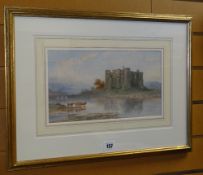 ALFRED PARKMAN (1852 - 1930) watercolour - Welsh castle ruin, cattle watering in river, distant