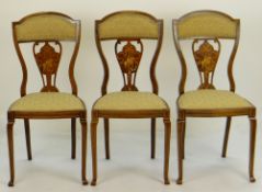 SET OF THREE DRAWING ROOM ROSEWOOD CHAIRS upholstered seats and rails, marquetry backs and detail