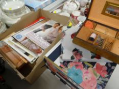 SMALL SEWING BOX & CONTENTS, collection of boxed vintage handkerchiefs, knitting patterns ETC