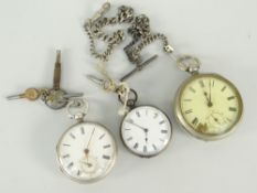 TWO SILVER POCKET WATCHES and another plated pocket watch with chain