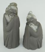 TWO LLADRO PORCELAIN CHINESE MONK FIGURES with matt-finish, 21cms and 18cms high