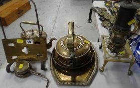 ASSORTED BRASSWARE including two trivets, small kettle and another, miner's lamp ETC