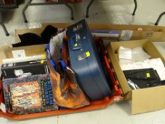 ASSORTED ITEMS including art books, roller blind, jewellery shop display stands, vintage suitcase