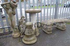 RECONSTITUTED STONE GARDEN STATUES, bird bath and small bench (outside)