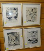 FOUR FRAMED JAPANESE WATERCOLOURS with signature and stamp, depicting various females, 47 x 58cms,