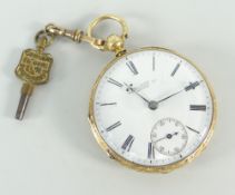 CASED 18CT YELLOW GOLD OPEN-FACE POCKET-WATCH bearing Roman numerals to white enamel dial bearing