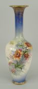 DOULTON CROWN LAMBETH VASE with long slender neck, painted with wild-flowers to a blue / white