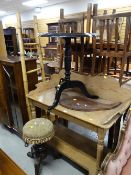 PINE WASH STAND, together with small circular stool, painted black papier mache tilt-top table,