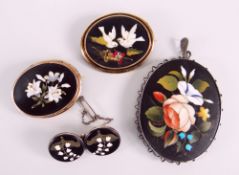 THREE PIETRA DURA BROOCHES & PENDANT pendant of floral design, 7cms high, brooch formed of adjoining