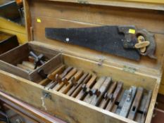 WOODEN TOOL BOX together with a large collection of moulding planes and saw