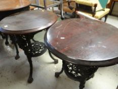 PAIR OF CAST METAL & STAINED CIRCULAR MAHOGANY TOPPED PUB TABLES