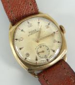 GENTS 9CT GOLD RONE SPORTSMAN'S NON MAGNETIC WATCH ON STRAP, in box with clock warranty dated 1960