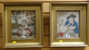TWO GILT FRAMED TAPESTRIES of a young female with dog and a courting couple with a dove, 23 x