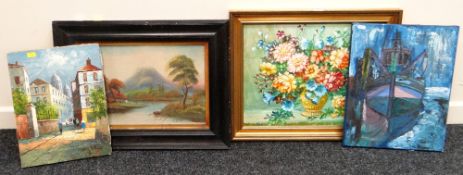 TWO UNFRAMED OILS ON CANVAS of a fishing boat and Continental street scene, together with a framed