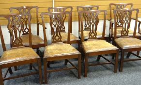 GOOD SET OF EIGHT (6+2) CHIPPENDALE-STYLE MAHOGANY DINING CHAIRS having brown leather drop in