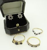 PAIR OF DIAMOND CHIP STAR DESIGN EARRINGS, diamond and sapphire 18ct gold ring, wishbone 9ct gold